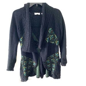 Anthro black wool knit sweater with floral accents